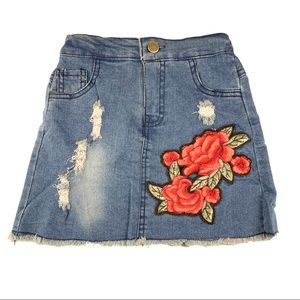 Girls Rose Patch Embellishment Jean Skirt